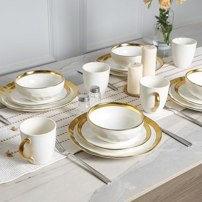 vicrays Ceramic Dinner Plates Set, 10 Inch, Set of 6, Round, Dishwasher Safe, NOT Microwave Safe, Suitable for Steak, Pasta, Home, Party, Restaurant(White with Golden)