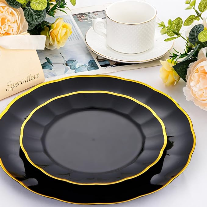 EI 150pcs Black Plastic Plates,Black and Gold Fancy Plate,Gold Plastic Silverware,Black and Gold Dinnerware Set,Premiun Heavy Duty Taleware,Perfect for Party,Wedding,Business Events,Hotel Banquets
