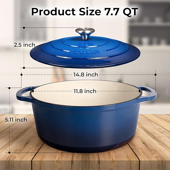 Zulay Kitchen 7.7 Quart Enameled Cast Iron Dutch Oven Pot with Lid ??Premium Durability & Oven Safe up to 500째F ??Heavy Duty Cookware Perfect for Bread Baking, Stews, Braising & Roasting ??Blue