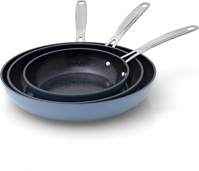 Nuwave 3-Piece Fry Pan Set, 8?? 10?? 12??Forged Lightweight, G10 Healthy Duralon Blue Ceramic Ultra Non-Stick, Induction-Ready & Works on All Cooktops, Ergonomic Stay-Cool Handles