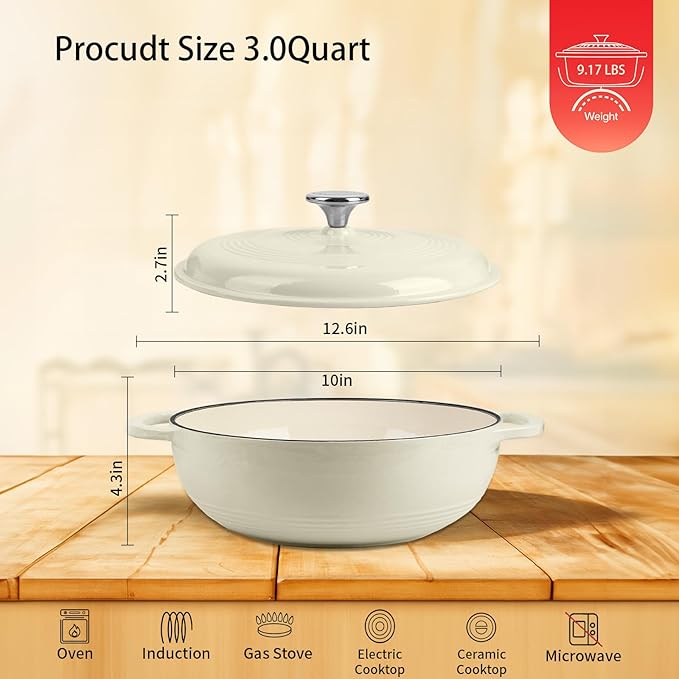 Enameled Cast Iron Dutch Oven Pot with Lid, 3 Quart Shallow Dutch Oven, Oven Safe up to 500째 F, Suitable for Bread Baking, Braising, Roasting, Stews, White