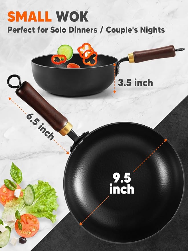 Carbon Steel Wok, 9.5" Deep Frying Pan With Lid, Flat Bottom Small Wok, 3-Qt. Saute Pan, Authentic Chinese Stir-Fry Pans with Glass Lid