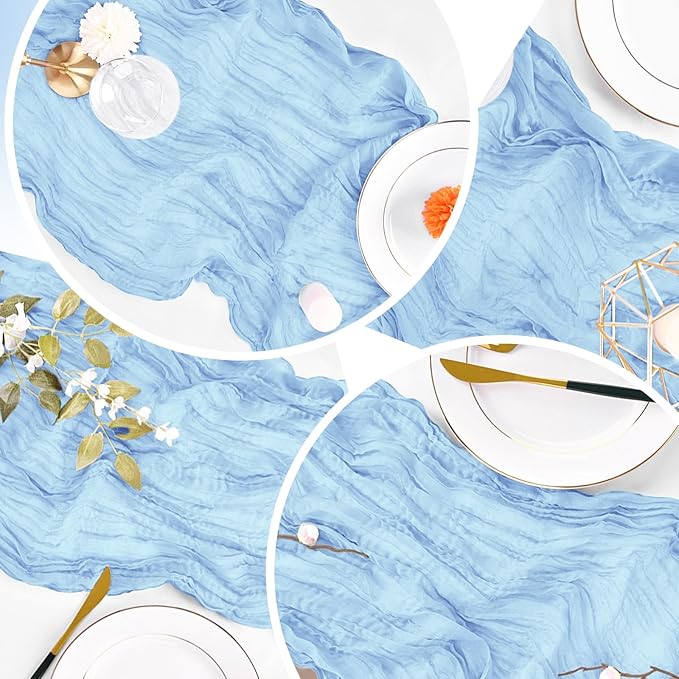 4 Pack Baby Blue Cheesecloth Table Runner 20 x 120 inch Gauze Table Runners 10 FT Long,Semi Sheer Cheese Cloth Fabric Table Runner Bulk for Wedding,Party,Baby Shower,Bridal Shower Decoration