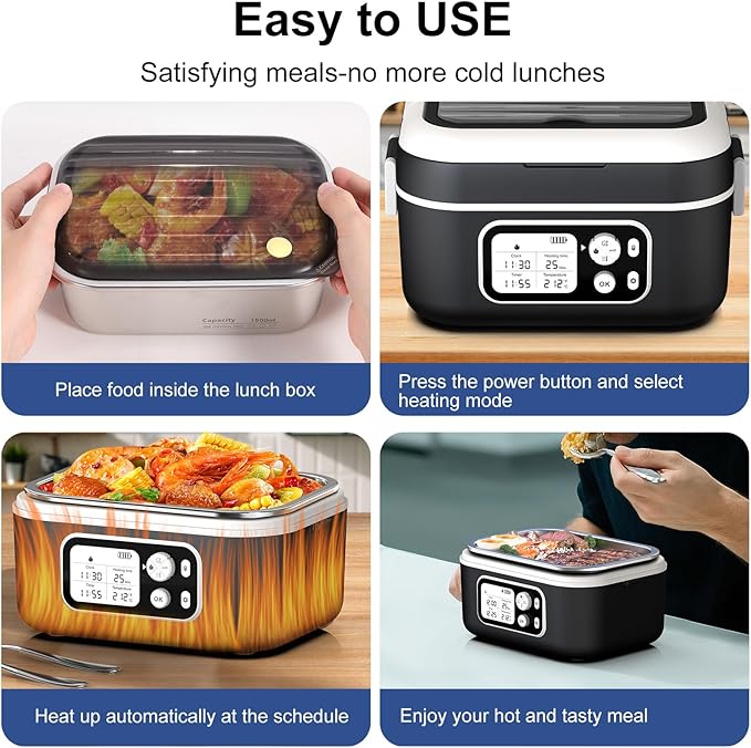 EDCREATY Cordless Electric Heated Lunch Box, 1.5L 6.3Cups 24000mAh Rechargeable Battery Self-Heating Lunch Box, Smart Timer, Even Heating, 100W Portable Food Warmer for Office, Picnic, Car, Outdoor