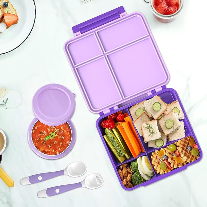 Aimsnk Kids Bento Lunch Box with 8oz Soup Thermo, Kids Leakproof Lunch Food Containers with 4 Compartment,Insulated Hot Food Jar with Lunch Bag for School, Travel (Purple)