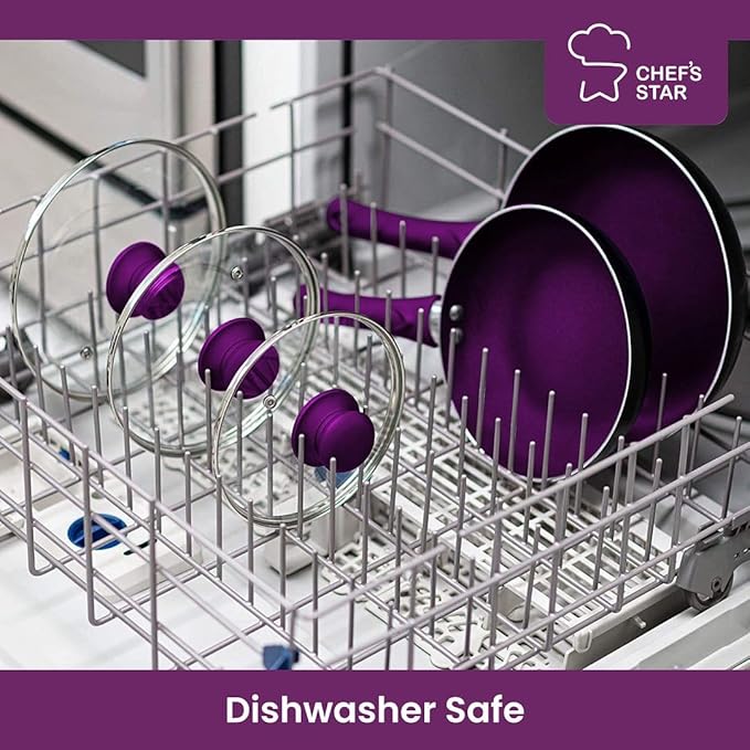 Chef?셲 Star Aluminum Pots and Pans Set for Kitchen - Nonstick Stackable Induction Cookware, 11 Pcs, Purple