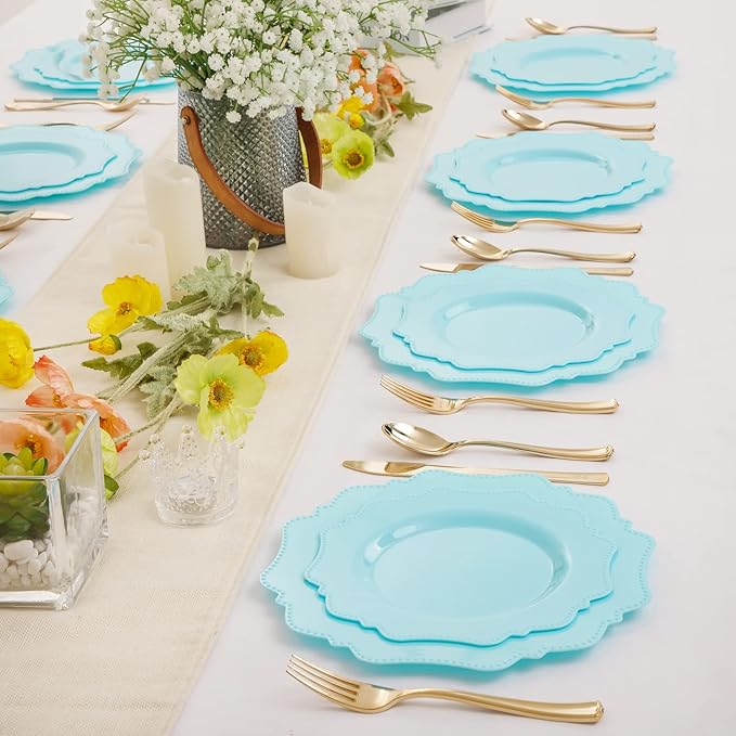 COLOSUS Disposable Plastic Plates 60Pcs, Light Baby blue Party Plates, Heavy Duty 30 Dinner plate 10.5??and 30 Salad/Dessert Plate 8.25??for Easter day Party Dinner