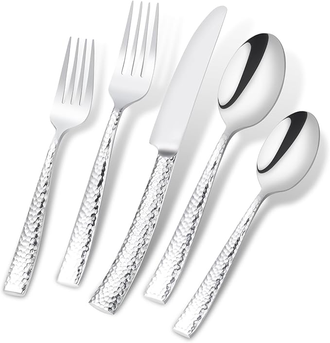 Flatware Set Silver Hammered 45 Pieces Stainless Steel Cutlery Set Silverware Serving Set Home Event Use Wedding Housewarming Gift