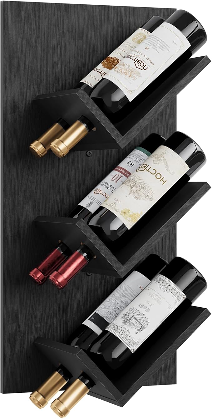 Hoctieon Wine Rack Wall Mounted, 6 Bottles Hanging Wine Racks Bar Shelves for Display & Storage, Rustic Wood Wine Bottle Holder for Home Bar, Kitchen, Dining Room, Black