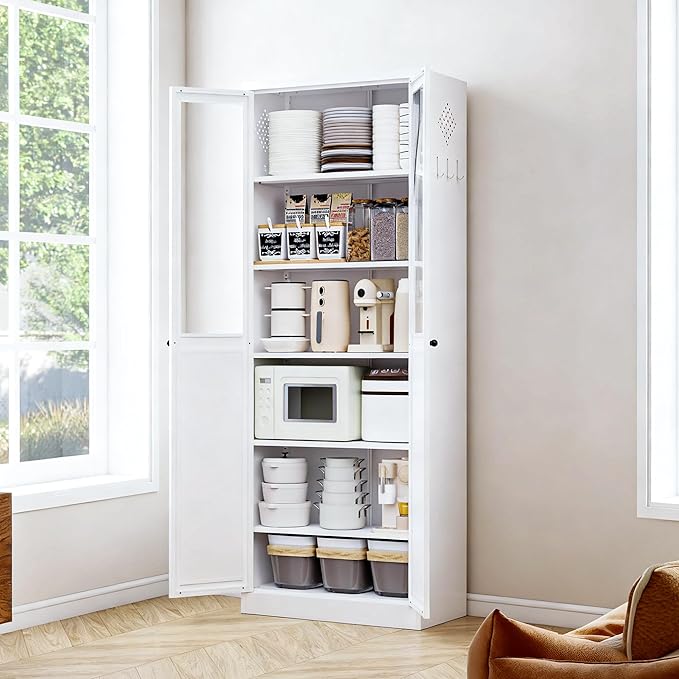 72" H White Steel Kitchen Pantry Cabinet with Glass & Metal, Steel Storage Cabinet with Adjustable Shelves, Heavy Duty Freestanding Utility Cabinet for Dining/Living Room, Assembly Required