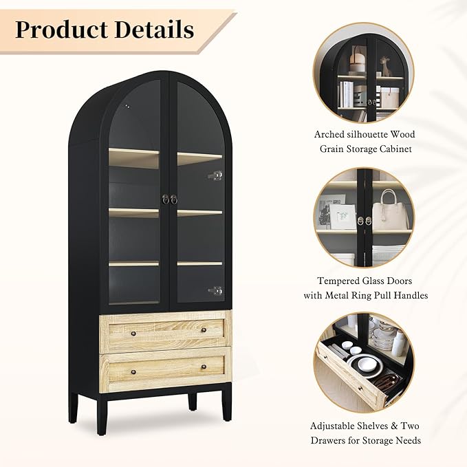 HLR 71" Tall Arched Storage Cabinet, Modern Farmhouse Black Kitchen Pantry Cabinet with Glass Doors and 2 Drawers, Versatile Display Cabinet for Kitchen, Dining Room, Living Room