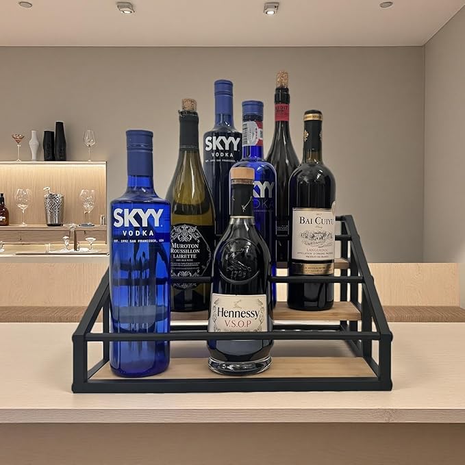 AT-VALY 3-Tier Liquor Bottle Display Shelf, Iron&Bamboo Countertop Wine Rack, Liquor Cabinet for Home Decor, Mini Bar (Black)
