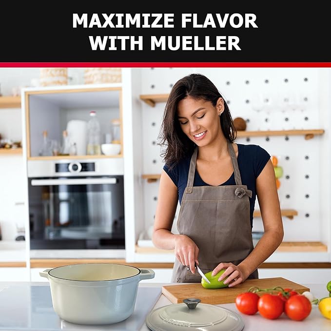 MUELLER HOME 4.5 QT Enameled Cast Iron Dutch Oven, Heavy-Duty Casserole Dish and Braiser Pan with Lid and Stainless Knob, Oven-Safe up to 500째 F & Across All Cooktops, Oyster White