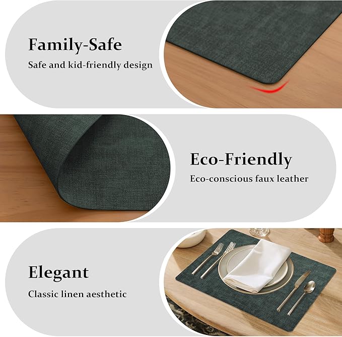 FROMHEART Faux Leather Placemats Set of 6?밯aterproof,Heat/Oil Stain-Resistant PU Table Mat?밨eversible,Non-Slip,Easy to Clean Place Mats for Kitchen,Dining,Indoor/Outdoor,(Dark Green,11.8" x 17")