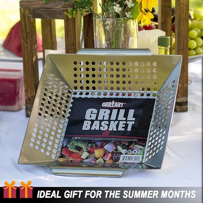GRILLART Grill Basket Heavy Duty -Large Grill Baskets for Outdoor Grill Vegetables -Stainless Steel Veggie Grilling Basket/Pan - Lasting Grill Vegetable Basket BBQ Grill Accessories, Gifts for Dad Men