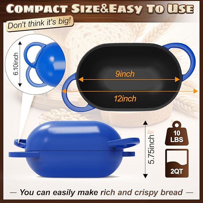 Enameled Cast Iron Oval Bread Oven with Non-Stick Silicone Liner, 2QT, Blue, Mini Oval Homemade Sourdough Dutch Oven with Lid, Artisan Bread Loaf Pan for Homemade Bread Five-Years Free Replacement
