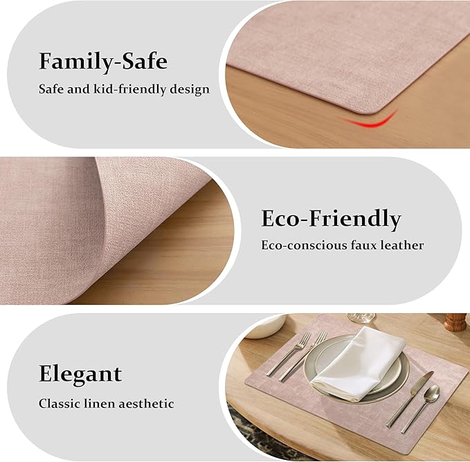 FROMHEART Faux Leather Placemats Set of 6?밯aterproof,Heat/Oil Stain-Resistant PU Table Mat?밨eversible,Non-Slip,Easy to Clean Place Mats for Kitchen,Dining,Indoor/Outdoor,(Pink,11.8" x 17")