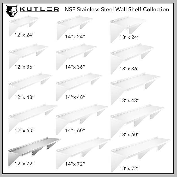 KUTLER Stainless Steel Shelf - 12" x 72", NSF Commercial Wall Mount Shelves with Backsplash, Floating Metal Shelving for Restaurant, Kitchen, Home