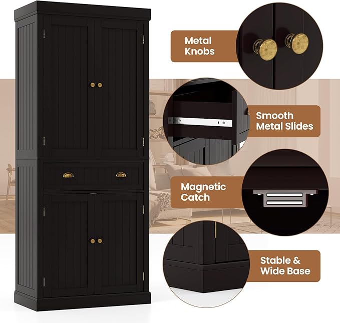 DORTALA 72??Tall Kitchen Pantry Cabinet, Wood Storage Cupboard w/ 4 Adjustable Shelves, 2 Cabinets & Drawer, Utility Freestanding Storage Cabinet for Kitchen, Hallway, Living Room, Brown