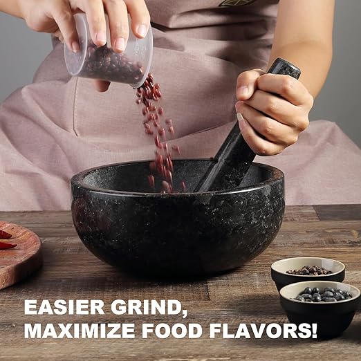Koville Granite Mortar and Pestle Set, 8" Extra Large Grinder Bowl for Guacamole, Salsa, Pill Crusher, Spice, Herb, Garlic, Nut, Heavy Duty Grinder for Kitchen
