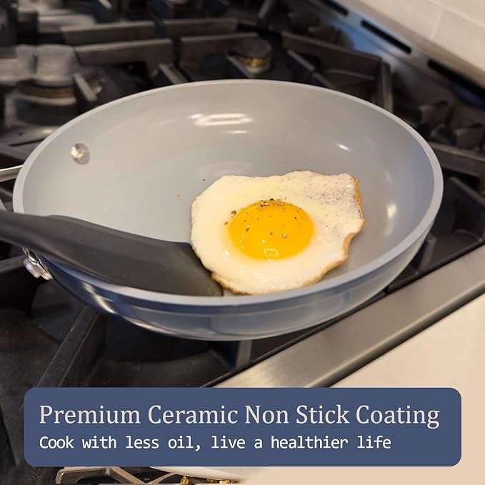 Nonstick Ceramic Saut챕 Pan w/Lid (4.5 qt, 11") Deep Frying Pan for All Cooktops Non Toxic Skillet PTFE/PFOA/PFAS Free, Even Heat Distribution Stainless Steel Stay-Cool Handle, Navy Blue
