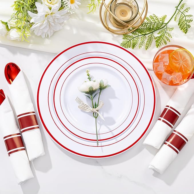WELLIFE 350 Pcs Red Plastic Plates for 50 Guests - Plastic Dinnerware Set,Party Supplies Includes 100 Red Plates,150 Silverware,50 Napkins,50 Cups