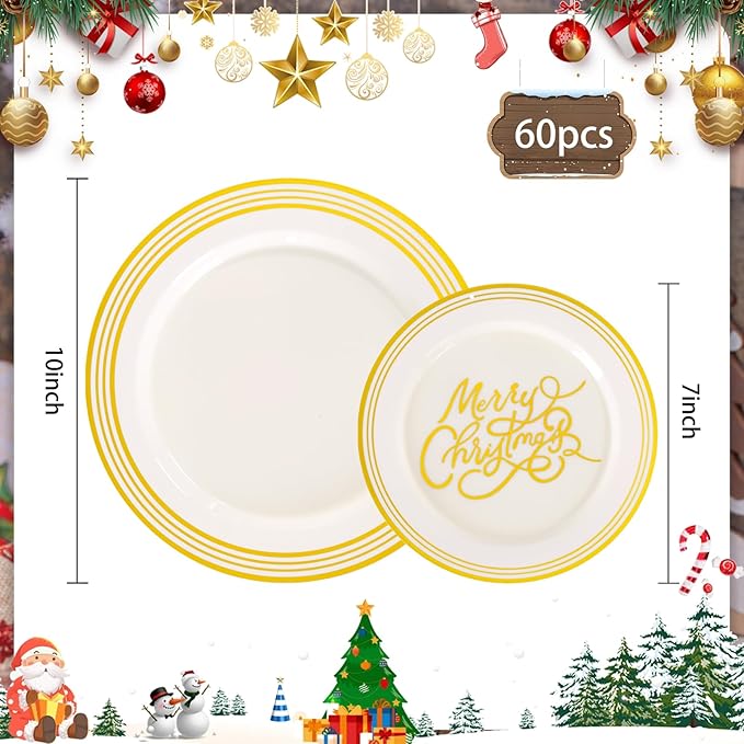 EI 60pcs Beige Disposable Plastic Dinner Plates with Gold Edge.Gold "Marry Christmas" Disposable Plate Heavy Industry Are Very Suitable for Christmas,New Year Parties,Family Dinners and Hotel Events.