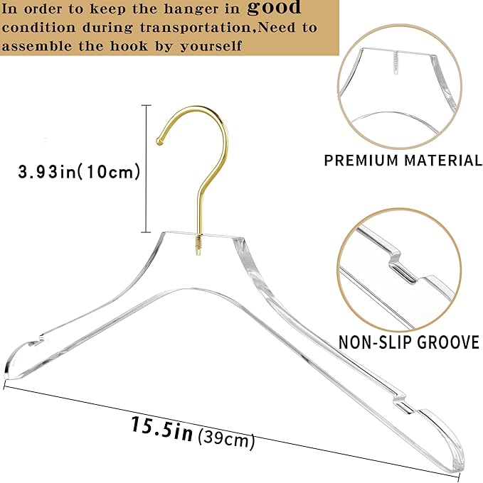 Besser 30 Pack Acrylic Hangers with Gold,Acrylic Clear Hanger,Premium Crystal Dress Swivel Gold Hook Luxurious Shiny Clothes Hangers(Clear-Style A)