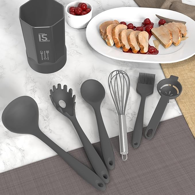 AOTHOD Silicone Cooking Utensils Set - 446째F Heat Resistant Kitchen Utensils,Spatula Sets,Turner Tongs,Spoon,Kitchen Utensil Gadgets Tools Set for Nonstick Cookware,Dishwasher Safe BPA Free (Gray)