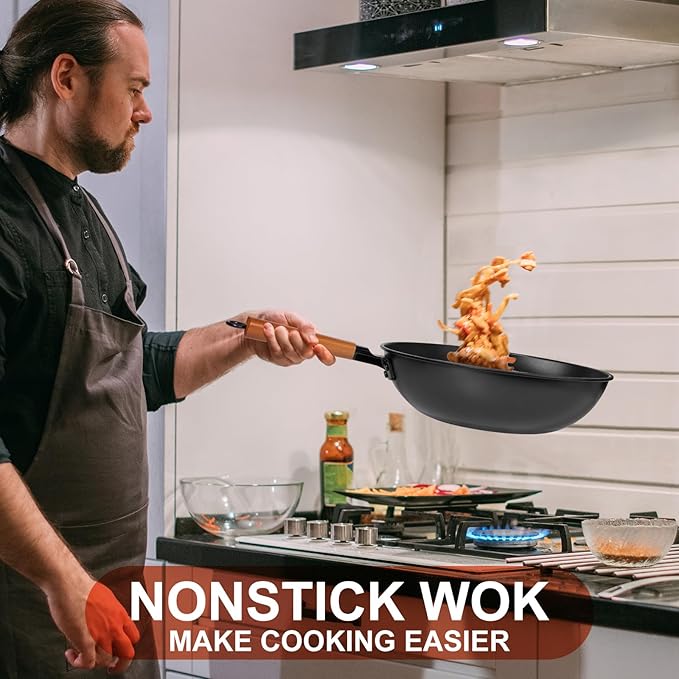 Carbon Steel Wok Pan - 13" Woks & Stir-Fry Pans Nonstick with Spatula: Flat Bottom Wok for Electric, Induction and Gas Stoves