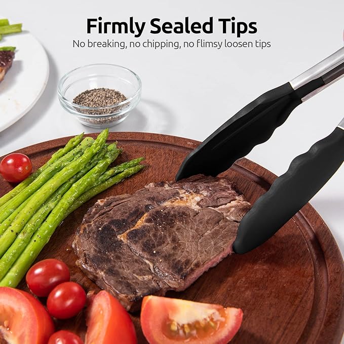 600쨘F Heat Resistant Kitchen Tongs: U-Taste 9+12 inch Silicone Cooking Tong Set with Firm Sealed Non Stick Rubber Tips and Silicon Coated 18/8 Stainless Steel Handle for Serving Grilling Salad (Black)