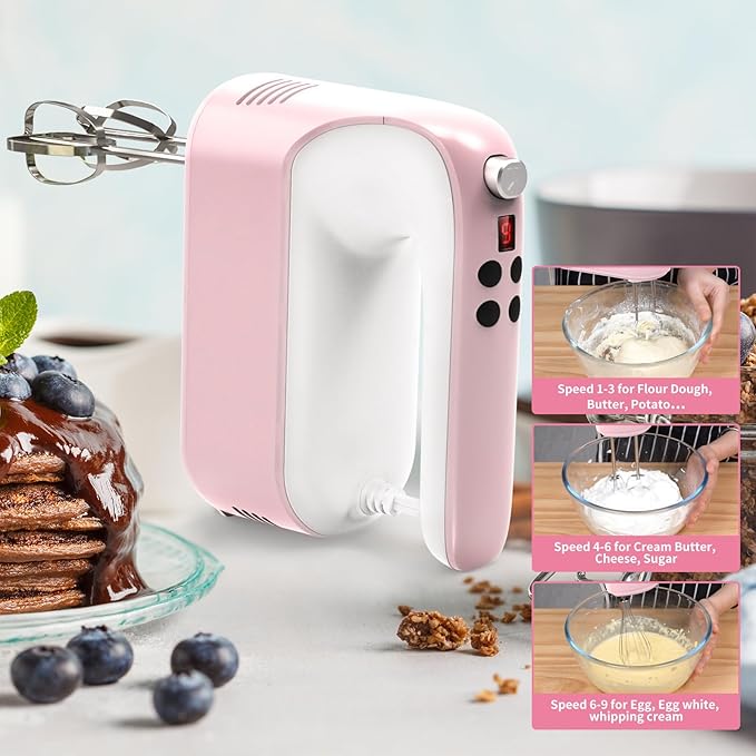 9-Speed Digital Hand Mixer Electric, 400W Powerful DC Motor, Baking Handheld with Snap-On Storage Case, 5 Stainless Steel Accessories, Flat Beaters, Dough Hooks, Whisk(Pink/White)