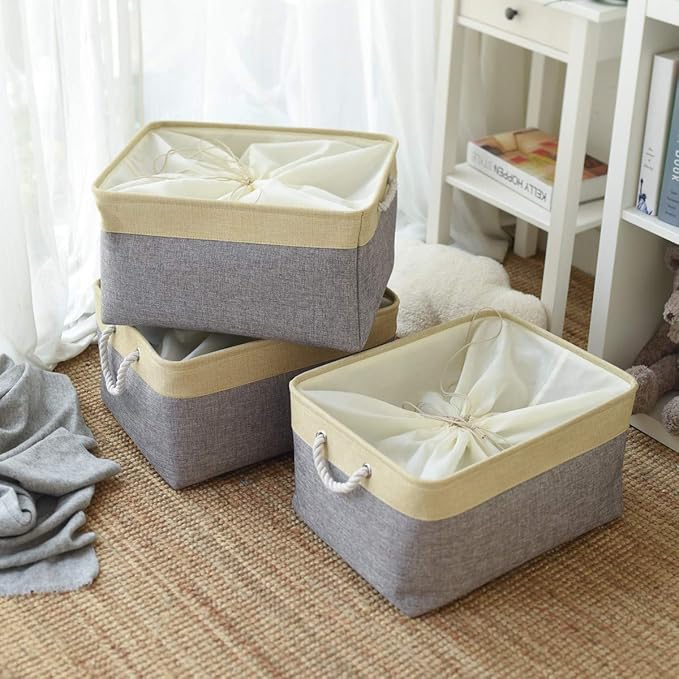 TheWarmHome Storage Baskets for Organizing, Extra Large-3Pack, 17.7L횞13.8W횞9.8H inch Large Sturdy Storage Bins, Decorative Storage Baskets for Shelves Closet Nursery (Gold&Grey)