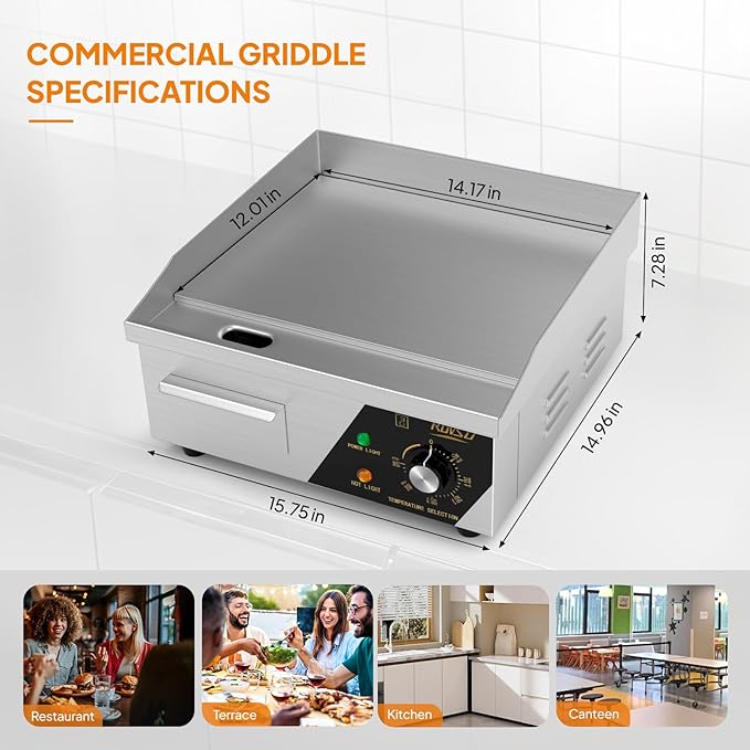 ROVSUN 14" Electric Countertop Flat Top Griddle, 1500W Electric Griddle, Teppanyaki Grill Stainless Steel with Adjustable Temperature Control 122째F-572째F for Home Restaurant Commercial