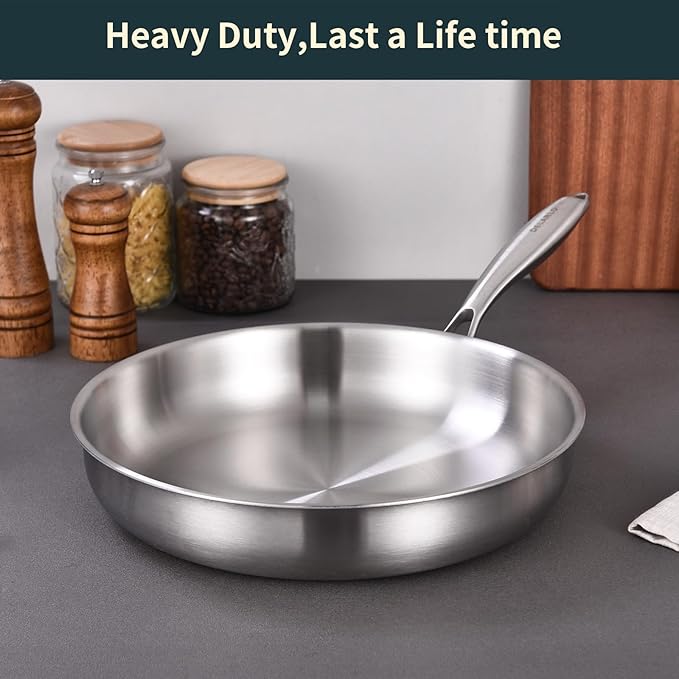 DELARLO Tri-Ply Stainless Steel Skillet, 9 inch Frying Pan, All Stove Compatible Up to 600?? Fast Even Heat, Steak Pan, Heavy Duty Omelette Pan, Kitchen Small Egg Frying Pan 9in