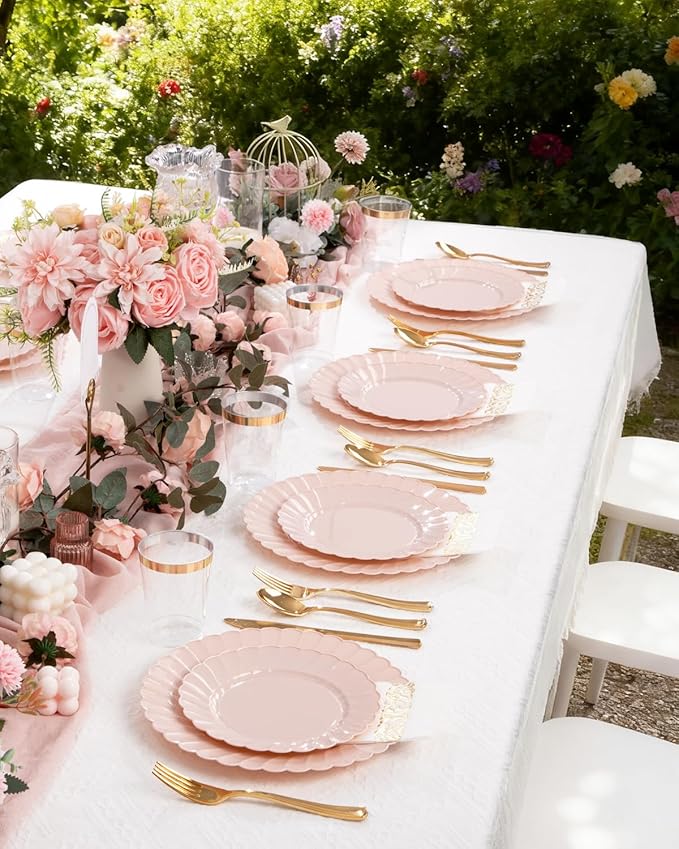 YOUBET 100PCS Pink Scalloped Plastic Plates - Heavy Duty Pink Disposable Fancy Hard Plates Include 50 Dinner Plate, 50 Dessert Plate, for Wedding & Party Valentines Day