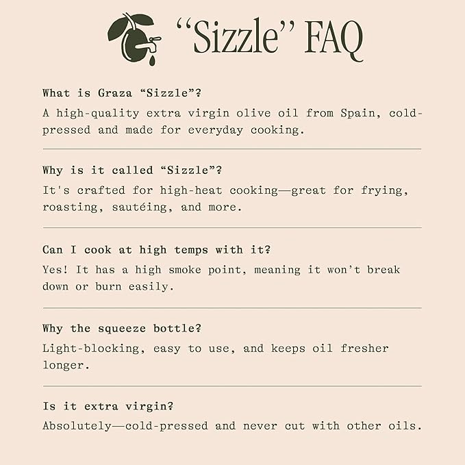 Graza Sizzle Extra Virgin Olive Oil, Cooking Oil - High Polyphenol Peak Harvest EVOO Cooking Oil in a Squeeze Bottle - Single Origin Olive Oils from Spain - 25.3 Fl Oz (750ml)
