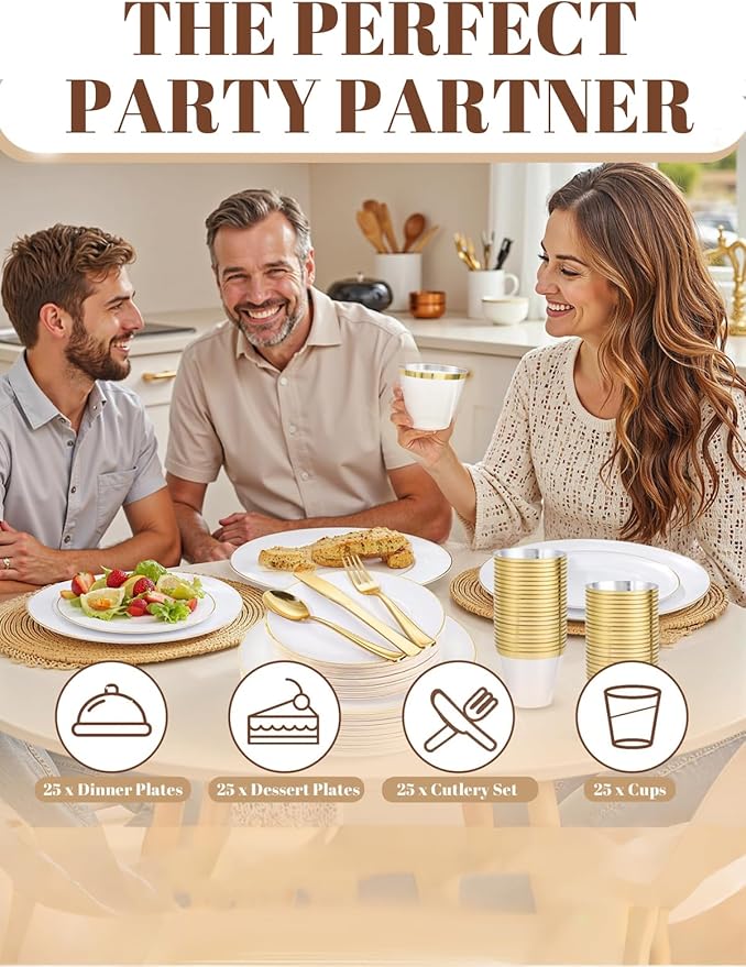 WDF 150Pcs White and Gold Plastic Plates - Gold Plates Disposable - 25guest Disposable Dinnerware Include 25 Dinner Plate, 25 Dessert Plate, 25 Cutlery & 25 9oz Cups for Wedding Party Valentine's Day