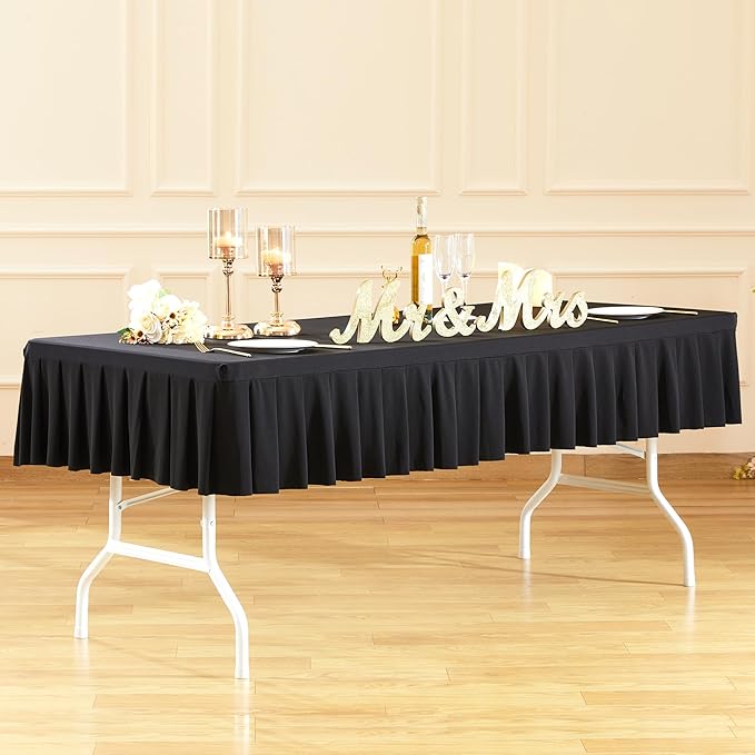 Wish Care 6 Pack Black Spandex Table Clothes for 6 Foot Rectangle Tables 6ft Wrinkle Free Fitted Table Cover Pleated Ruffle Stretch Tablecloths Desk Skirt for Party Banquet Dining Outdoor Tablecloth