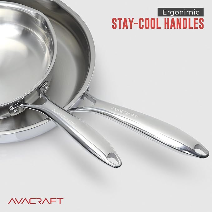 AVACRAFT 10 Inch Tri-Ply Stainless Steel Frying Pan with Lid, Side Spouts, Induction Pan, Versatile Stainless Steel Skillet, Fry Pan in our Pots and Pans (Tri-Ply Stainless steel,10 Inch)