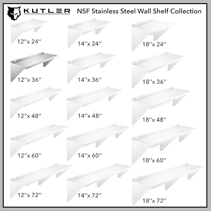 KUTLER Stainless Steel Shelf - 12" x 36", NSF Commercial Wall Mount Shelves with Backsplash, Floating Metal Shelving for Restaurant, Kitchen, Home