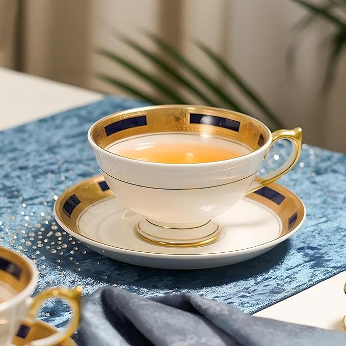 Aynsley Empress Athens Tea Cup and Saucer Set ??180ml Bone China ??Hand-Painted 24K Relief Gold Rim & Handle ??Elegant Tea Set for Weddings, Anniversaries, Luxury Gifting (Cobalt)