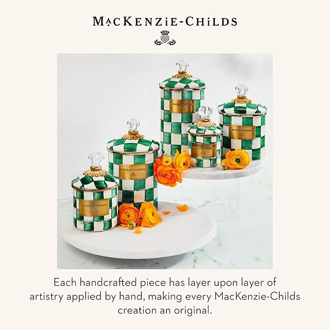 MACKENZIE-CHILDS Mini Enamel Canister, Kitchen Storage Container with Lid, Green-and-White Emerald Check