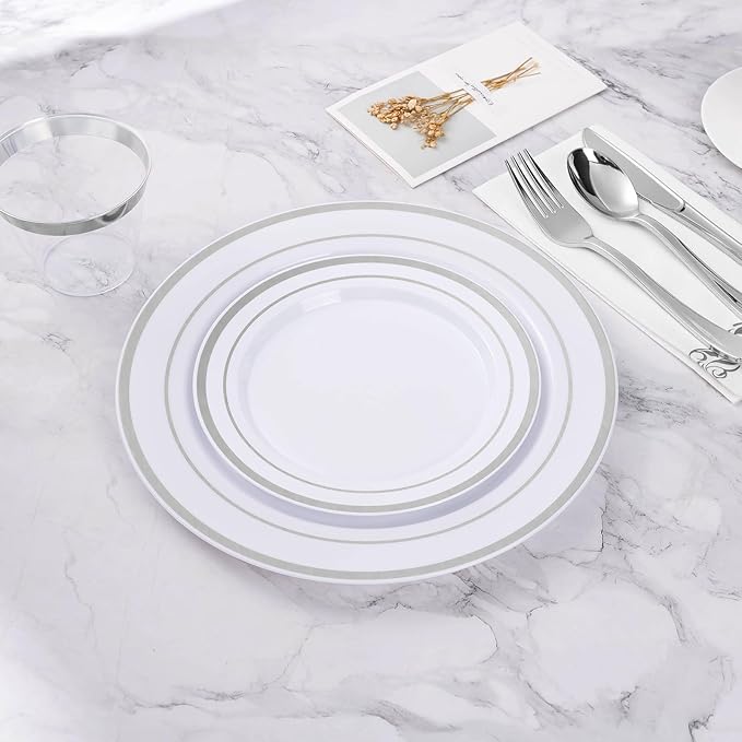 BESTVIP 200PCS Silver Plastic Plate, Disposable Party Plates with 100 Dinner Plates and 100 Dessert Plates, Plastic Plates for Party, Wedding and Birthday