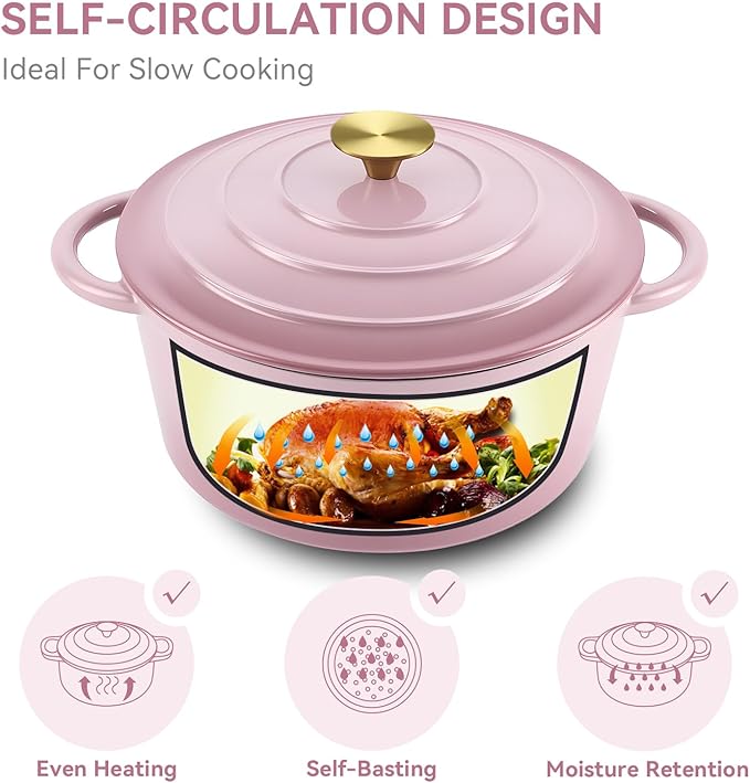 Miereirl 4.5 Quart Enameled Dutch Oven Pot with Lid, Cast Iron Dutch Oven with Dual Handles for Bread Baking, Cooking, Non-stick Enamel Coated Cookware, Pink
