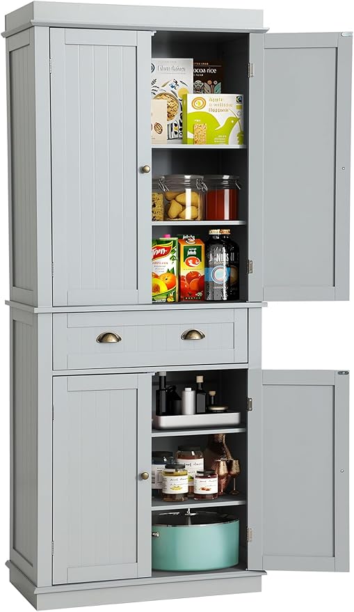 72" Kitchen Pantry Storage Cabinet, Freestanding Cupboard with 2 Cabinets, Drawer and Adjustable Shelves, Tall Storage Cabinet for Kitchen, Dinning Room, Living Room (Light Grey)