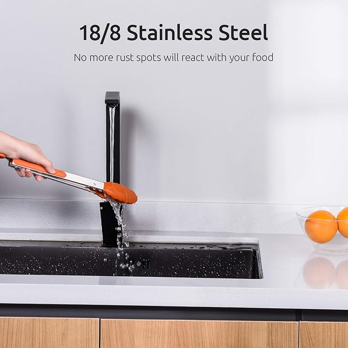 Kitchen Tongs, U-Taste 7/9/12 inches Cooking Tongs, with 600쨘F High Heat-Resistant Non-Stick Silicone Tips, 18/8 Stainless Steel Handle, for Food Grill, Salad, BBQ, Frying, Serving, Pack of 3(Orange)