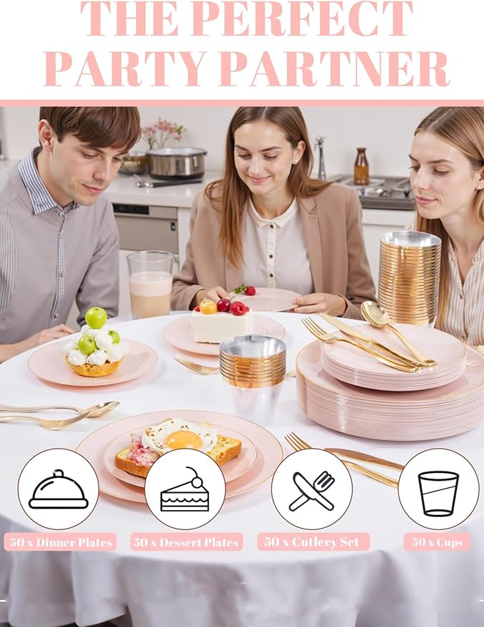 WDF 300Pcs Pink Plates Disposable - Pink and Gold Plastic Dinnerware Set for 50 Guests Include 50 Dinner & Cake Plates, 50 Disposable Cutlery, 50 9oz Cups for Wedding, Party, Valentine's Day