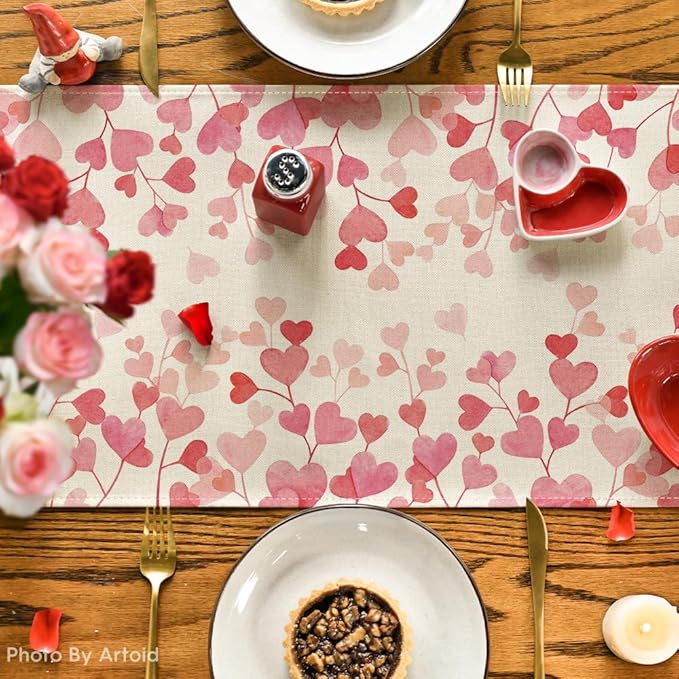 Artoid Mode Pink Love Valentine's Table Runner, Anniversary Wedding Kitchen Dining Table Decoration for Home Party Decor 13x60 Inch