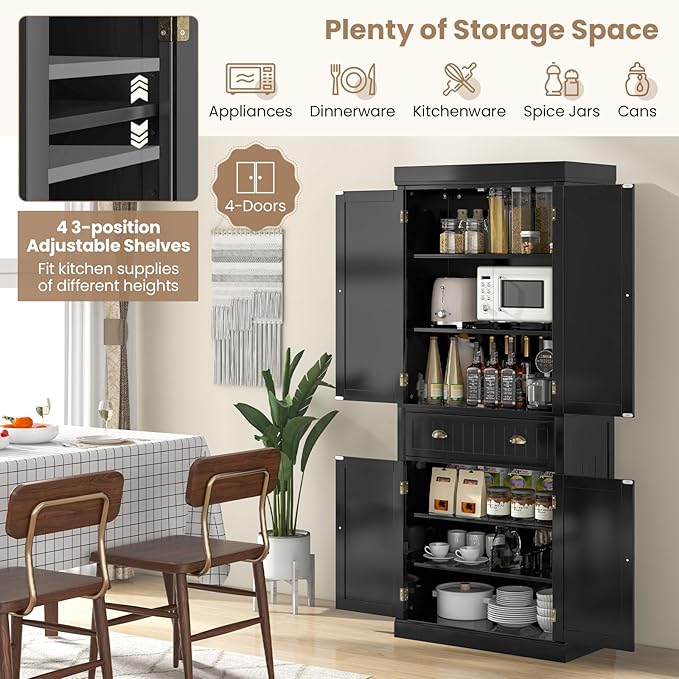 Tangkula 72" H Kitchen Pantry Cupboard Cabinet, Traditional Freestanding Large Tall Storage Cabinet with 2 Cabinets and Drawer, Adjustable Shelves, for Living Room Kitchen, 30 x 16 x 72 Inch